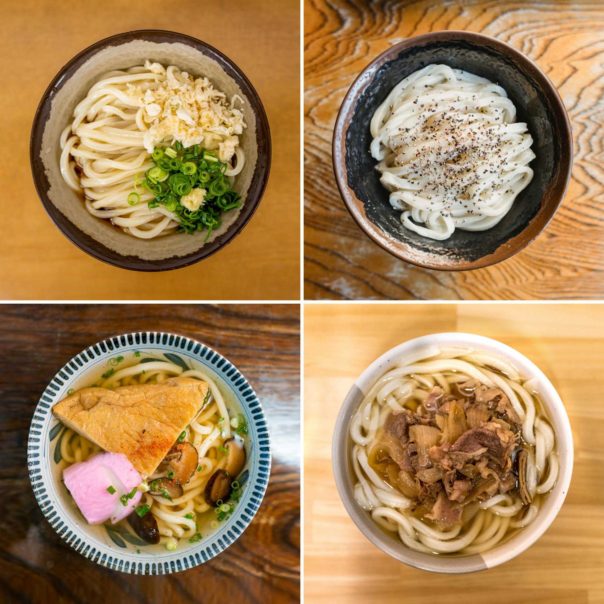 Four bowls of udon: bukkake udon, kamatama udon, niku udon, and kitsune udon