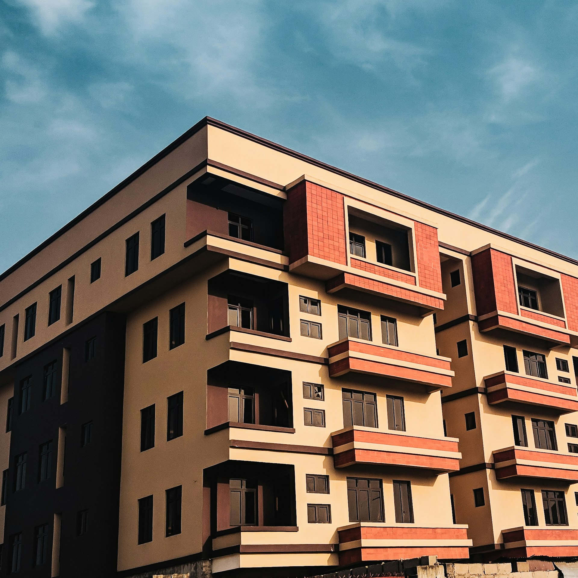 The exterior of an apartment building in Lagos, quiet during the many months of COVID-19 lockdowns