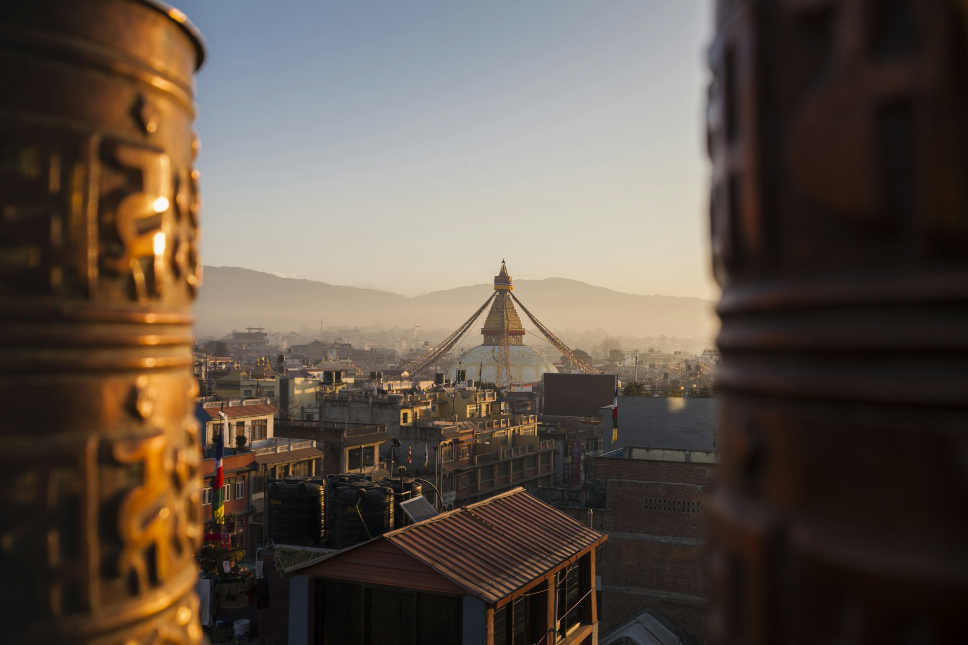 Morning light shines on Bodhnath Stupa in Nepal. 