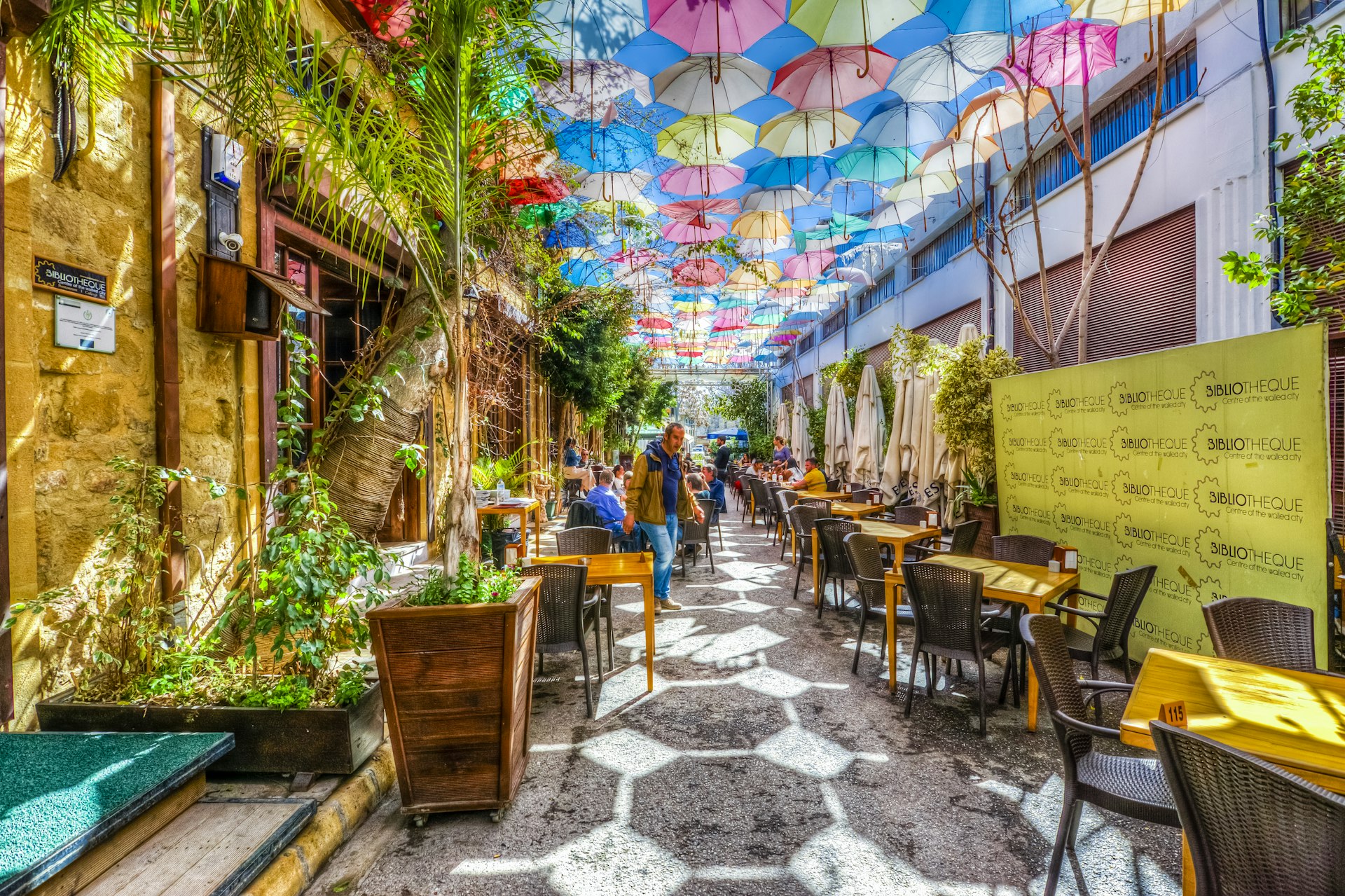 An umbrella-lined street in Nicosia. 