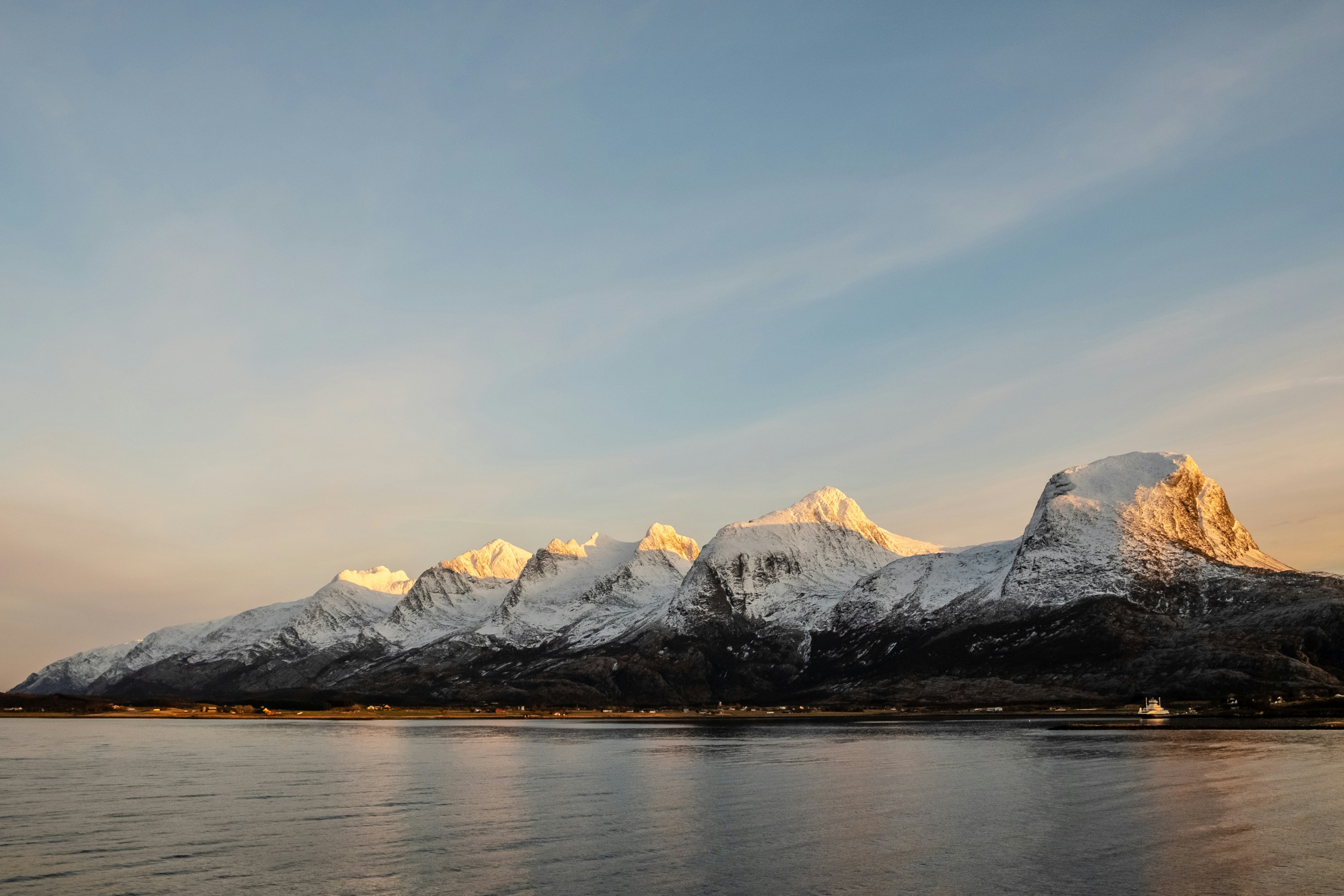 View of the Seven Sisters Mountains from the deck of a Hurtigruten cruise ship along Norway's coast