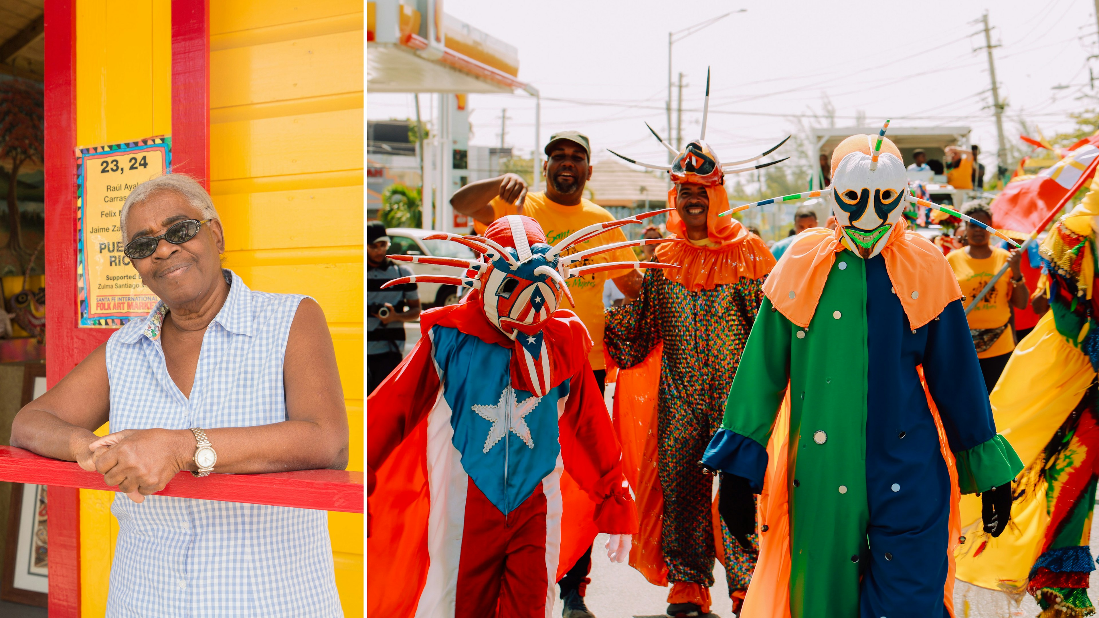 One photo with two images. The first is a woman smiling into the camera as she leans on a bright-red railing in front of a bright yellow structure. The second photo is a group of people dressed in traditional colorful costumes walk down a paved street.