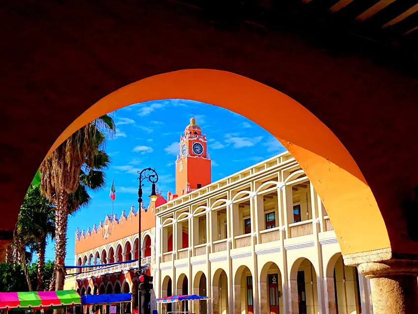 The historic Palacio Municipal viewed through an archway in Mérida, Yucatán, Mexico The historic Palacio Municipal in Mérida viewed through an archway