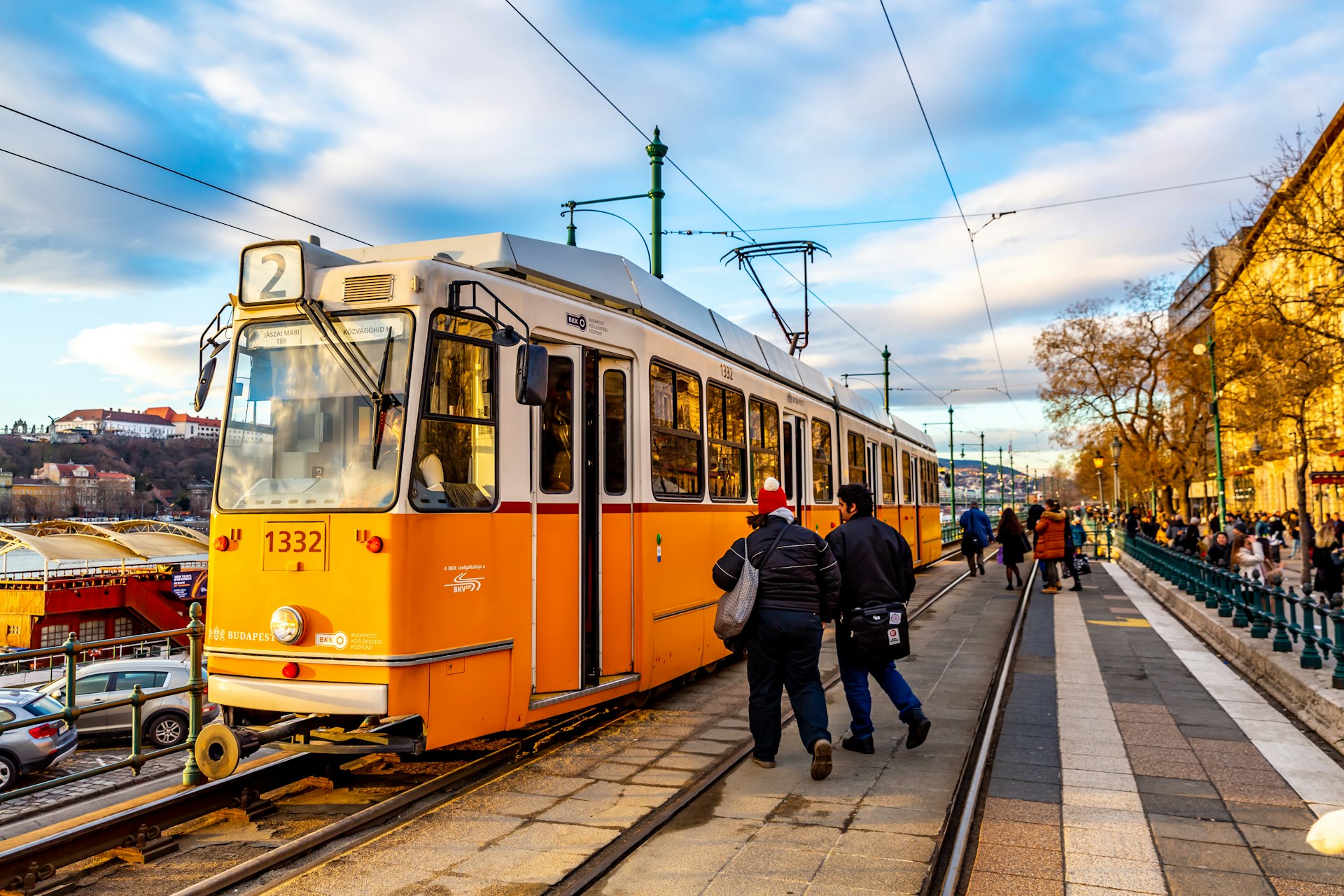 Yellow tram on the streets of Budapest