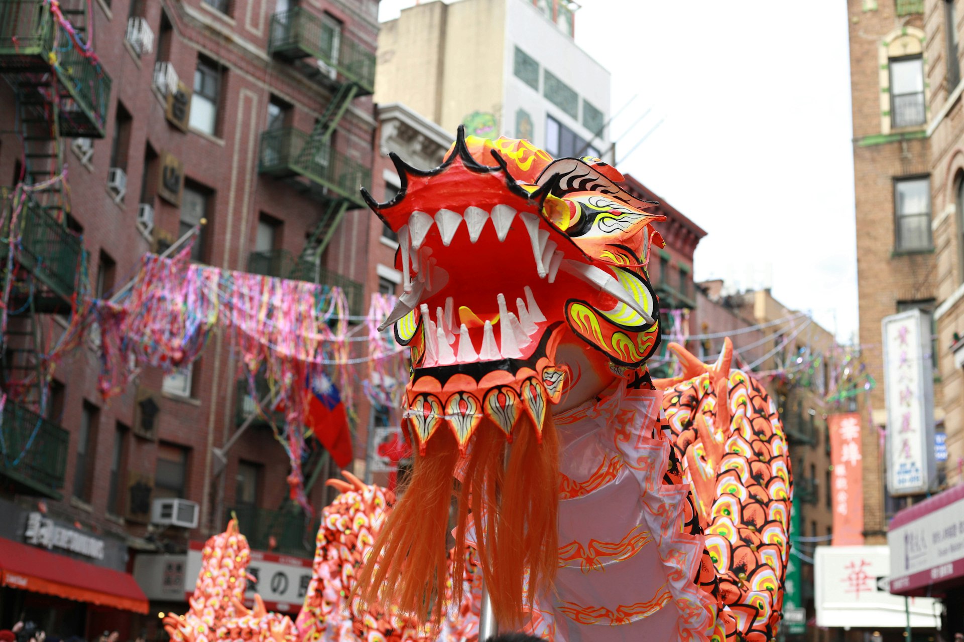 A roaring red dragon at the Chinese New Years parade in New York City 