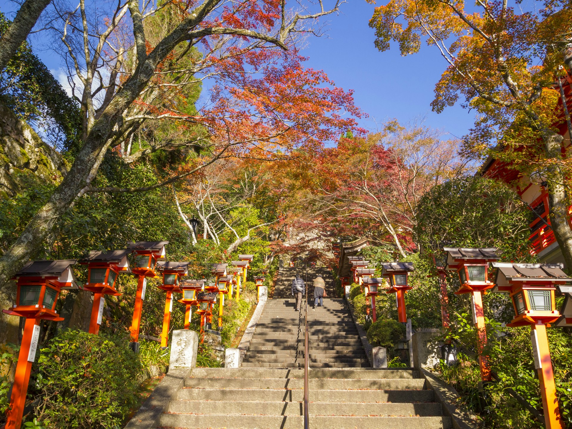 Stairs to the Kurama-dera temple in fall