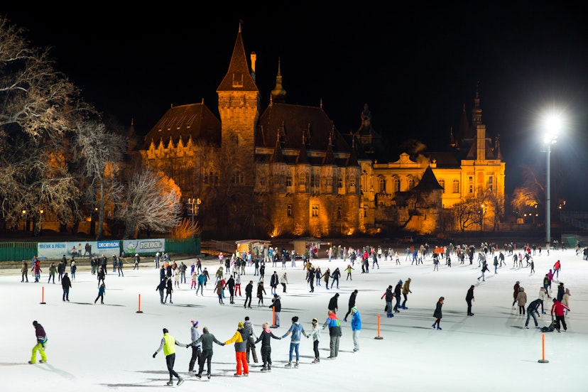JANUARY 8, 2017: A crowd of people skating on City Park Ice Rink at night.