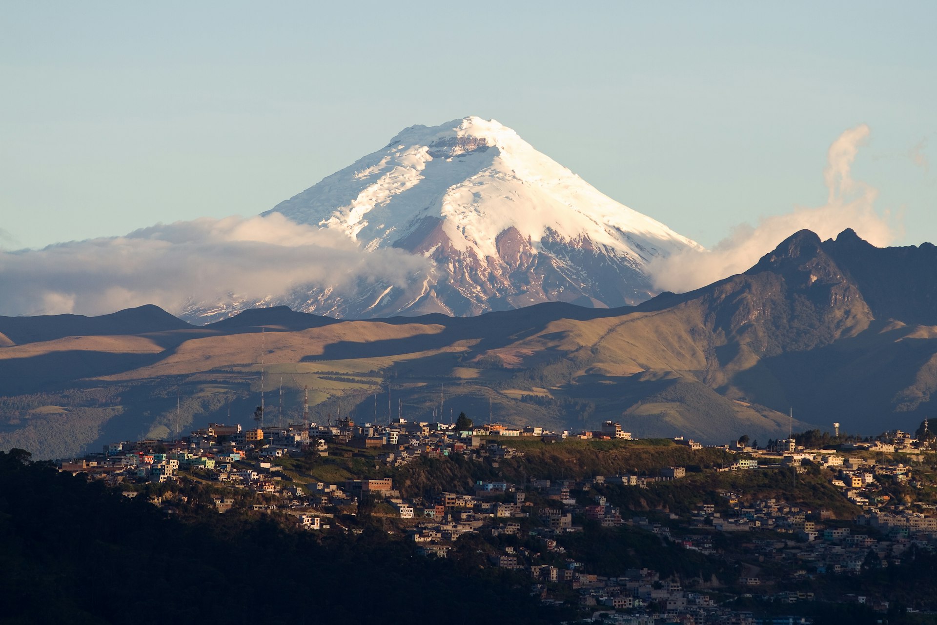 View towards the Cotopaxi volcano, Ecuador, with its summit covered in snow
