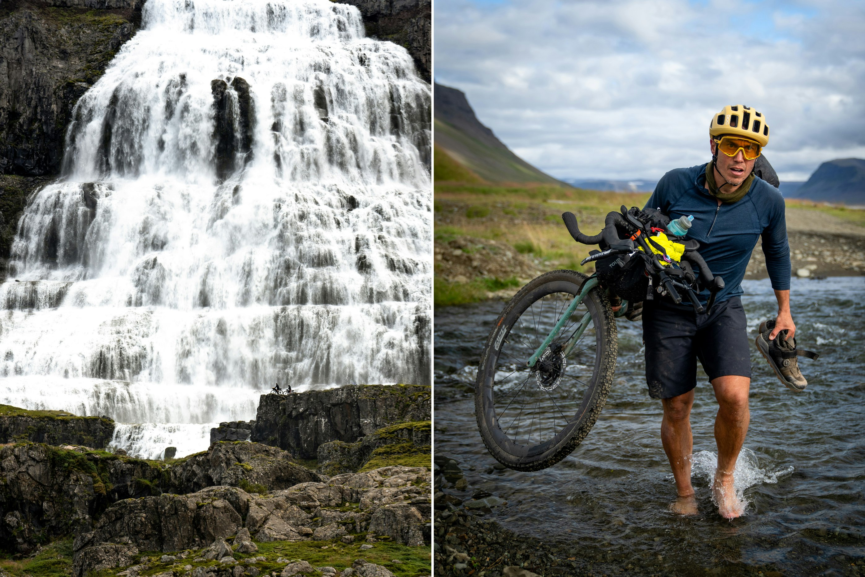 A waterfall against dark gray rocks; Chris Burkard carries his bike through some shallow water