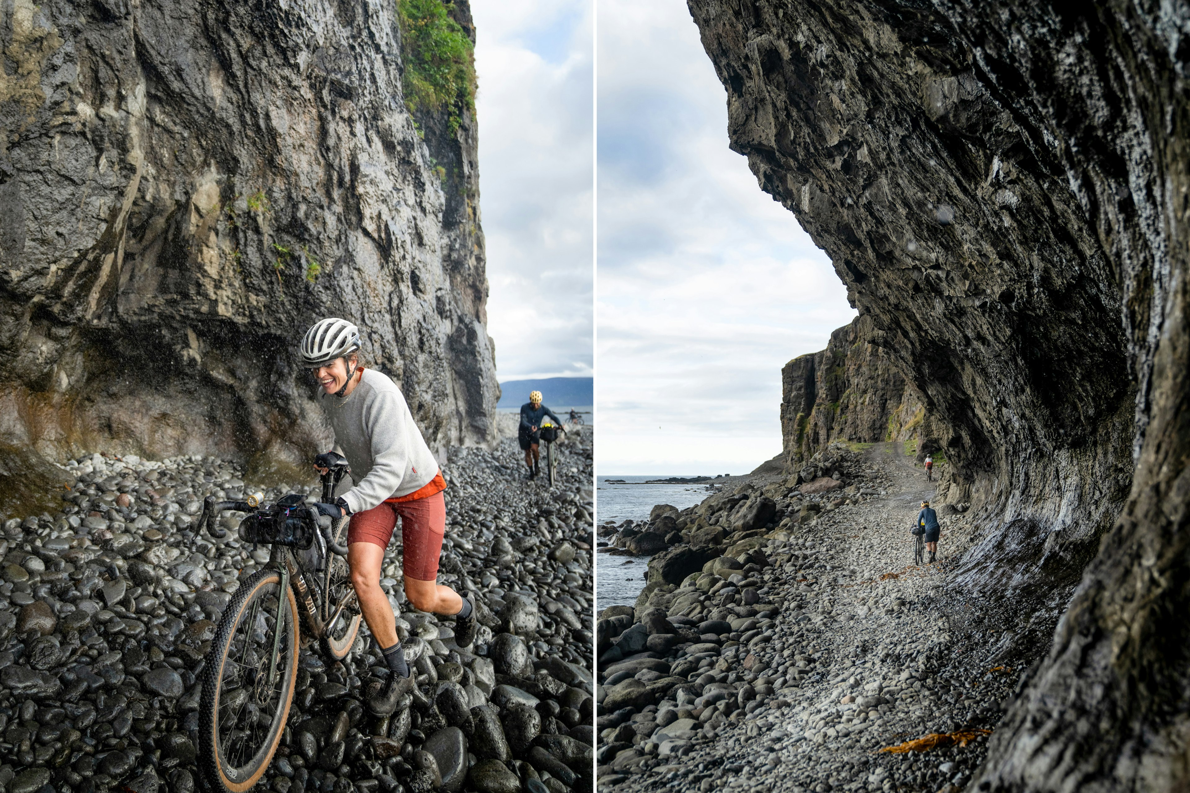 The group pushing their bikes through a section of dark volcanic rocks.