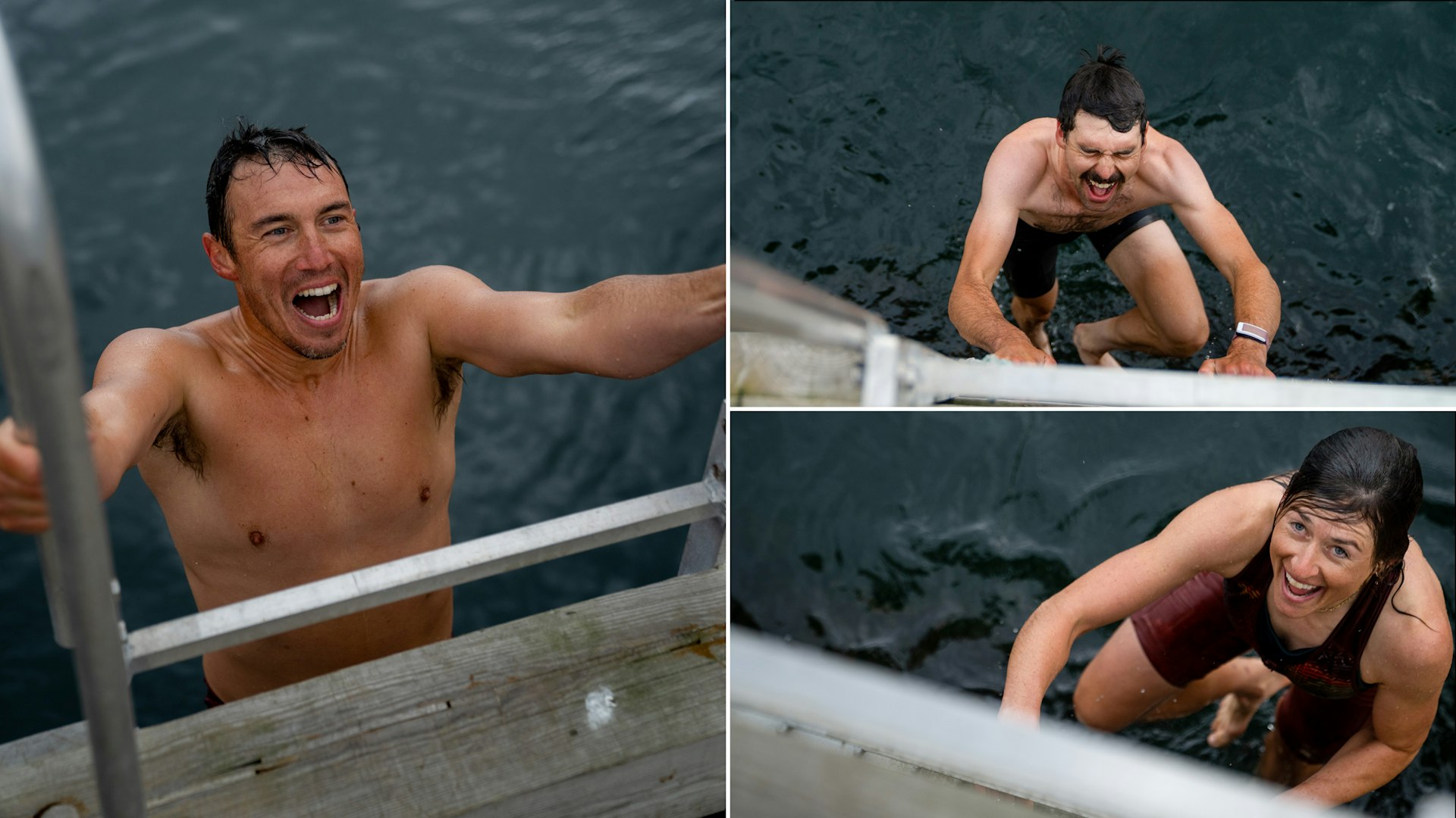 Three photos of different members of the crew climbing out of the ocean after going swimming.