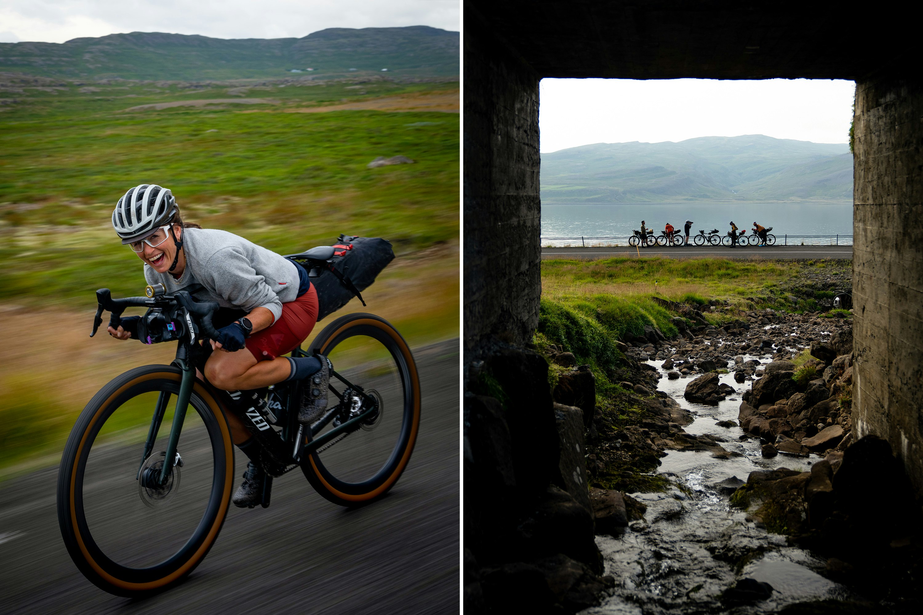 Lael Wilcox crouches on her bike to speed through a downhill section; the group poses at the end of a tunnel.