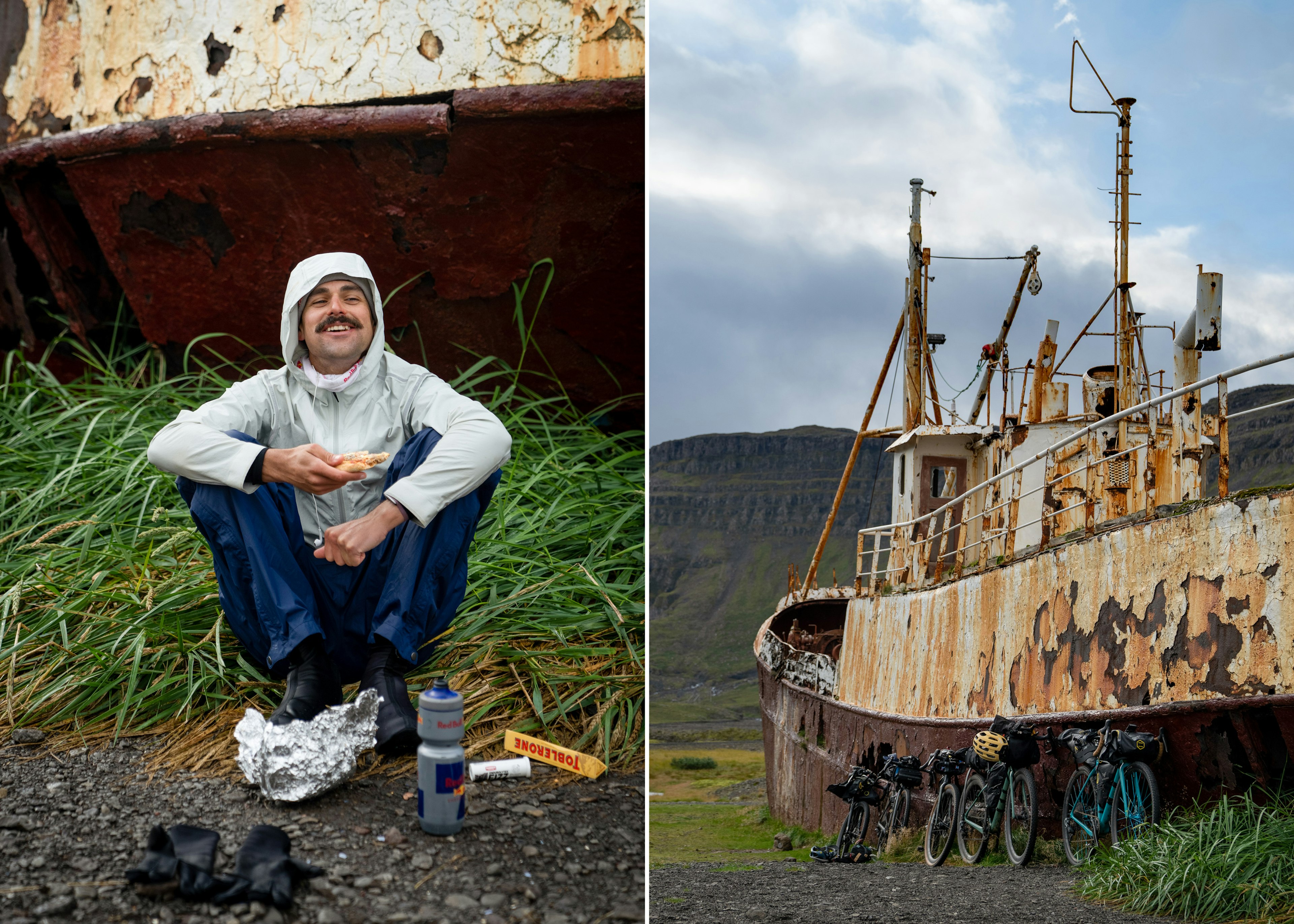 Payson McElveen laughs while resting near a rusty, beached ship.