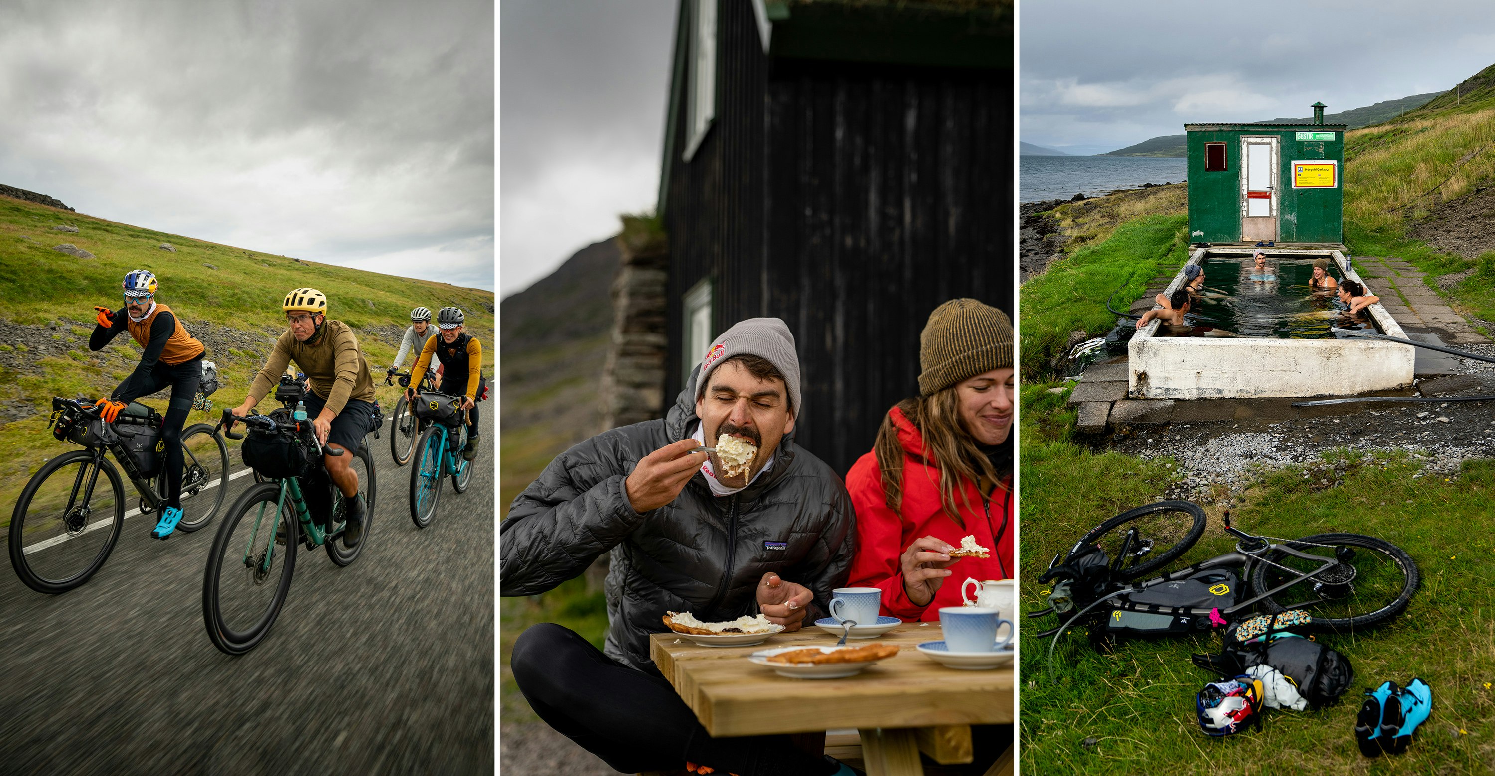 Three photos: one of a group of cyclists rolling down a gravel path, one of a man eating waffles, and the group soaking in a hot spring.