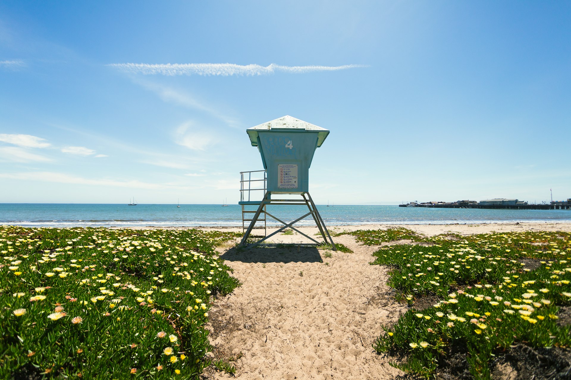 Lifeguard hut on a beach against a  blue sky in Santa Barbara