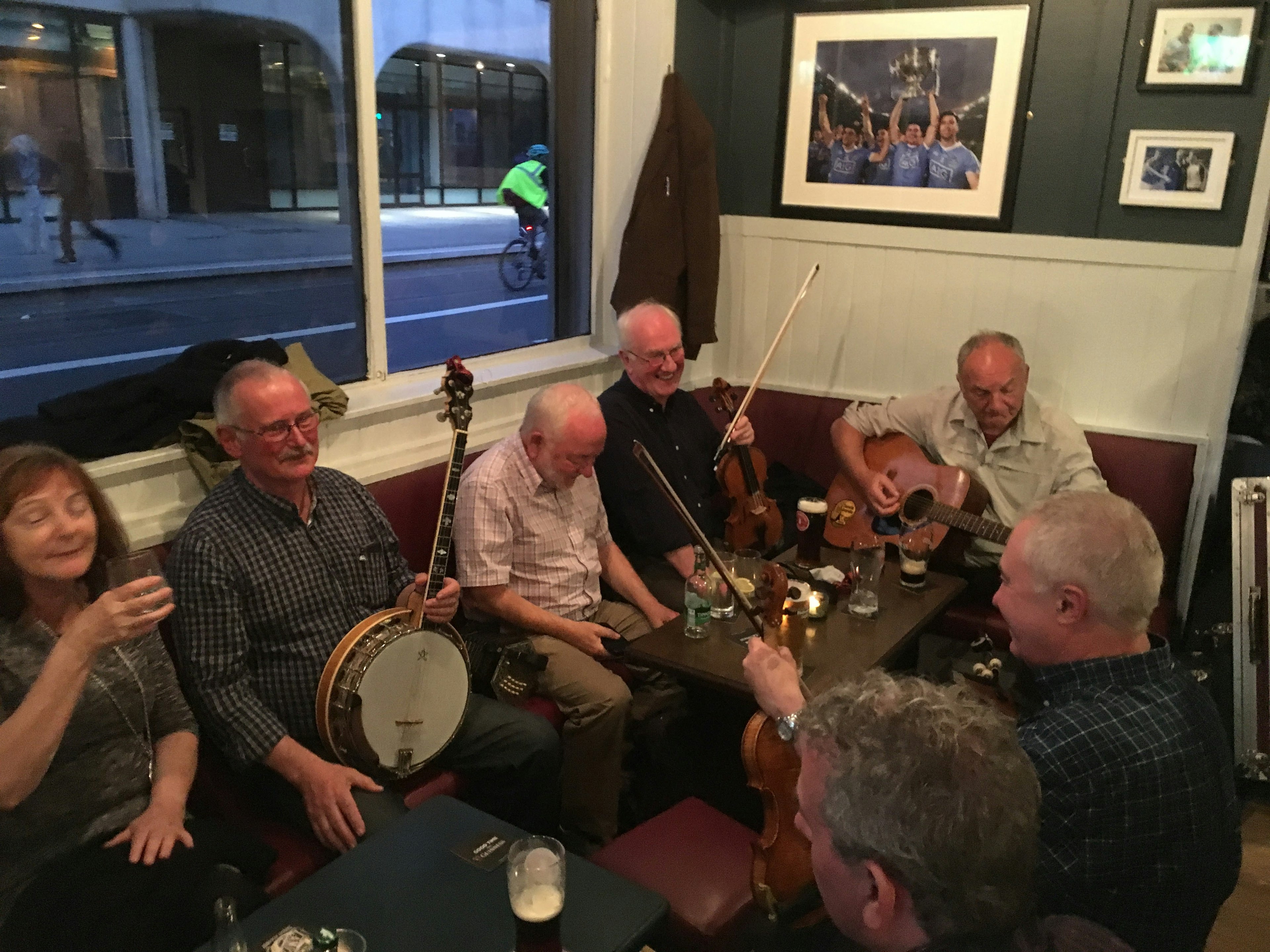 Musicians play at Pipers Corner in Dublin.