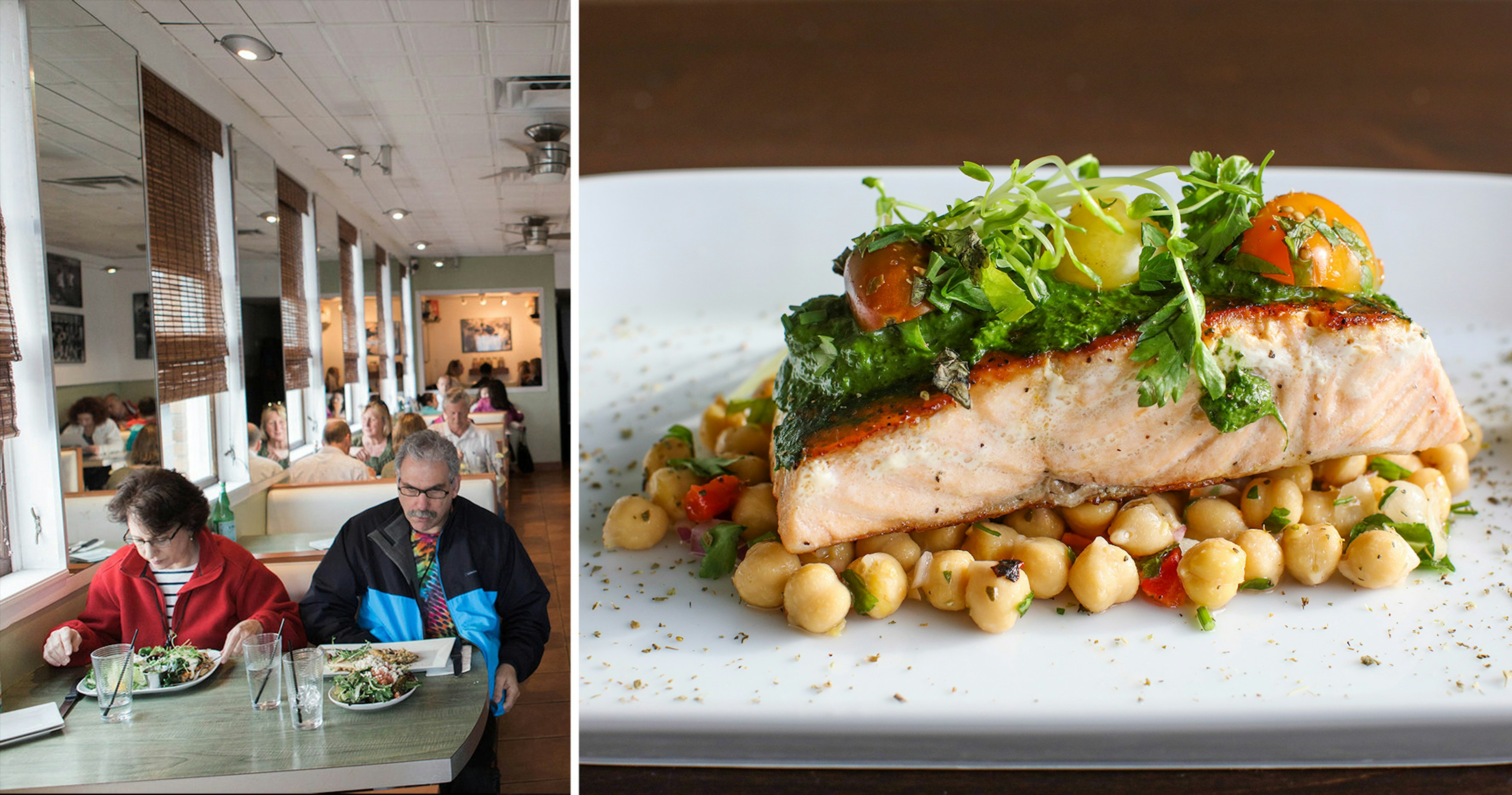 On left, two people eat at booths in a diner. On right, an entree.