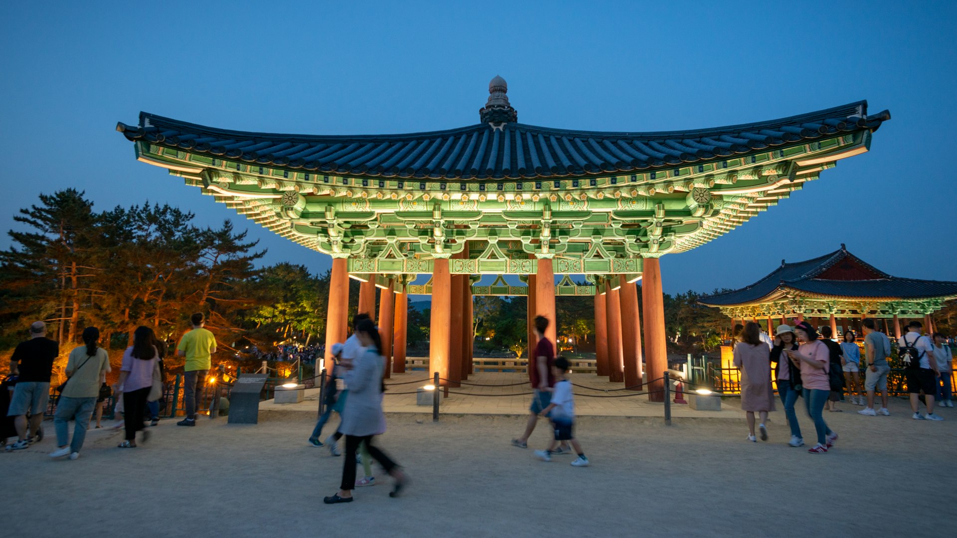 Visitors pass through the pavilions at the Donggung Palace, Gyeongju