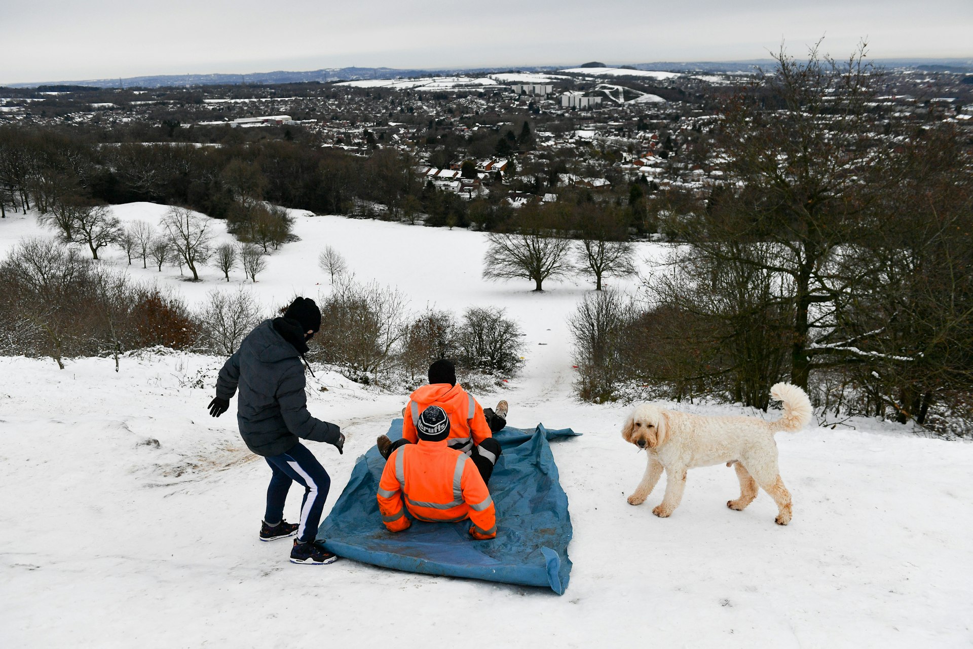 A group of friends use a sheet to sledge in the snow-covered Lickey Hills Country Park, Birmingham