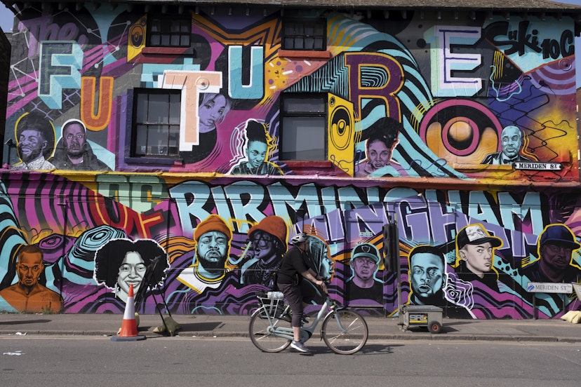 The future of Birmingham street art mural showing a multicultural vision of the city in Digbeth on 31st March 2021 in Birmingham, United Kingdom. The mural depicts black and mixed ethnic people and relevant cultural references. (photo by Mike Kemp/In Pictures via Getty Images)