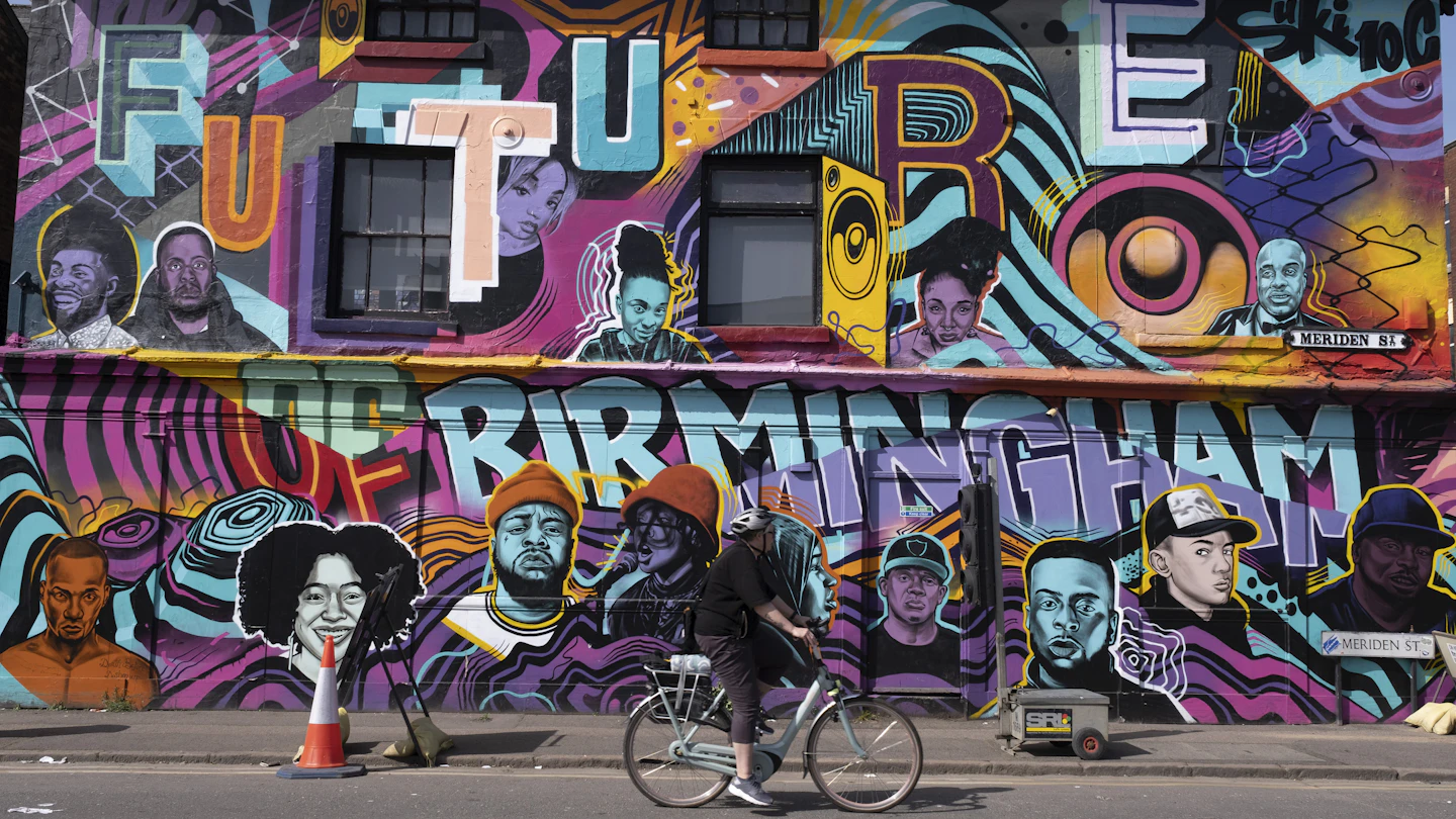 The future of Birmingham street art mural showing a multicultural vision of the city in Digbeth on 31st March 2021 in Birmingham, United Kingdom. The mural depicts black and mixed ethnic people and relevant cultural references. (photo by Mike Kemp/In Pictures via Getty Images)