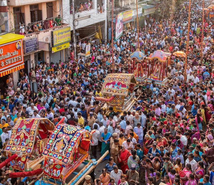 Festival crowds throng the streets near the Kapaleeswarar Temple, Mylapore