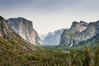 View of the Yosemite Valley National Park with a huge waterfall