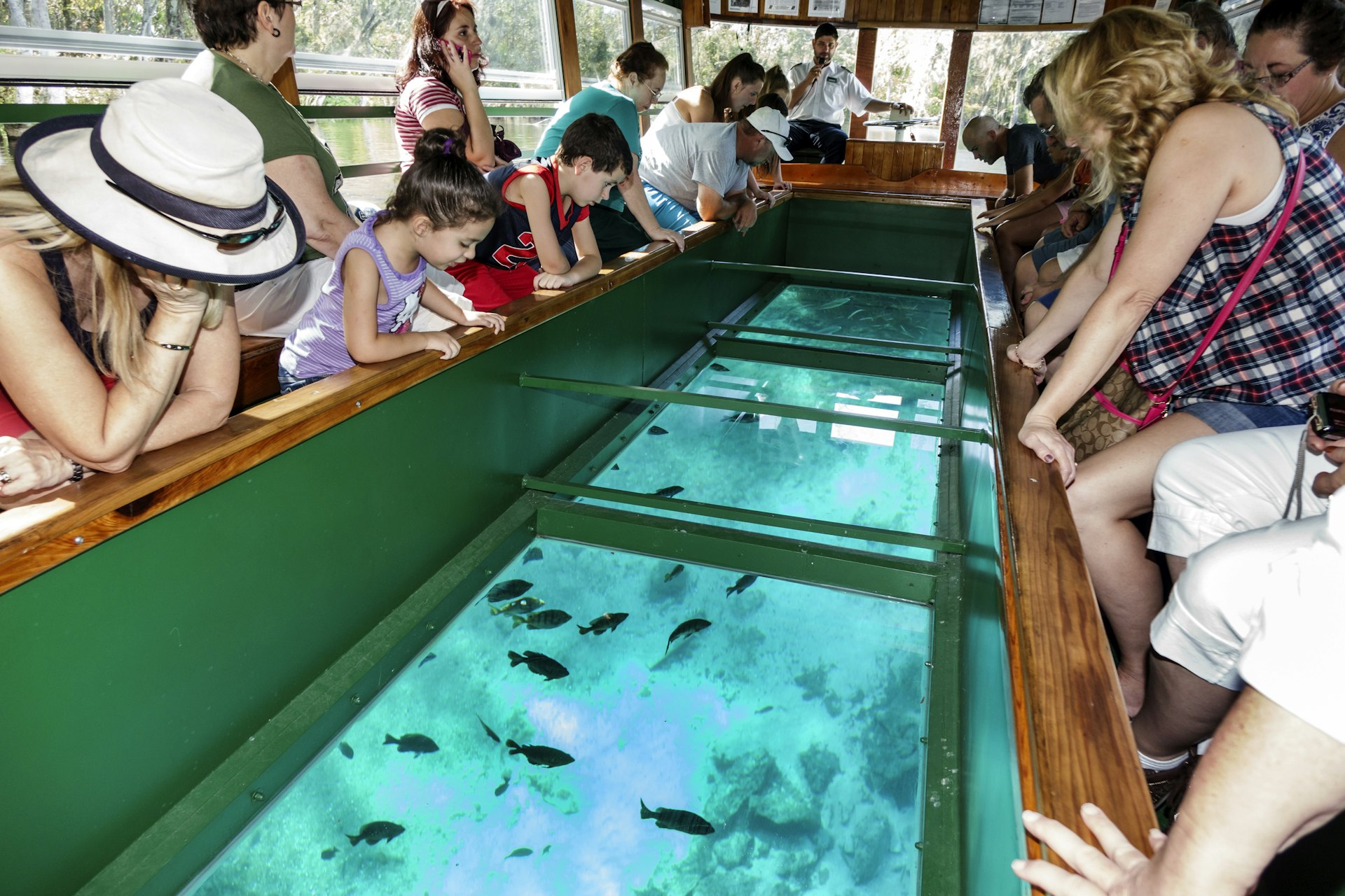 Passengers crowd around to look at fish through the floor of a glass-bottom boat