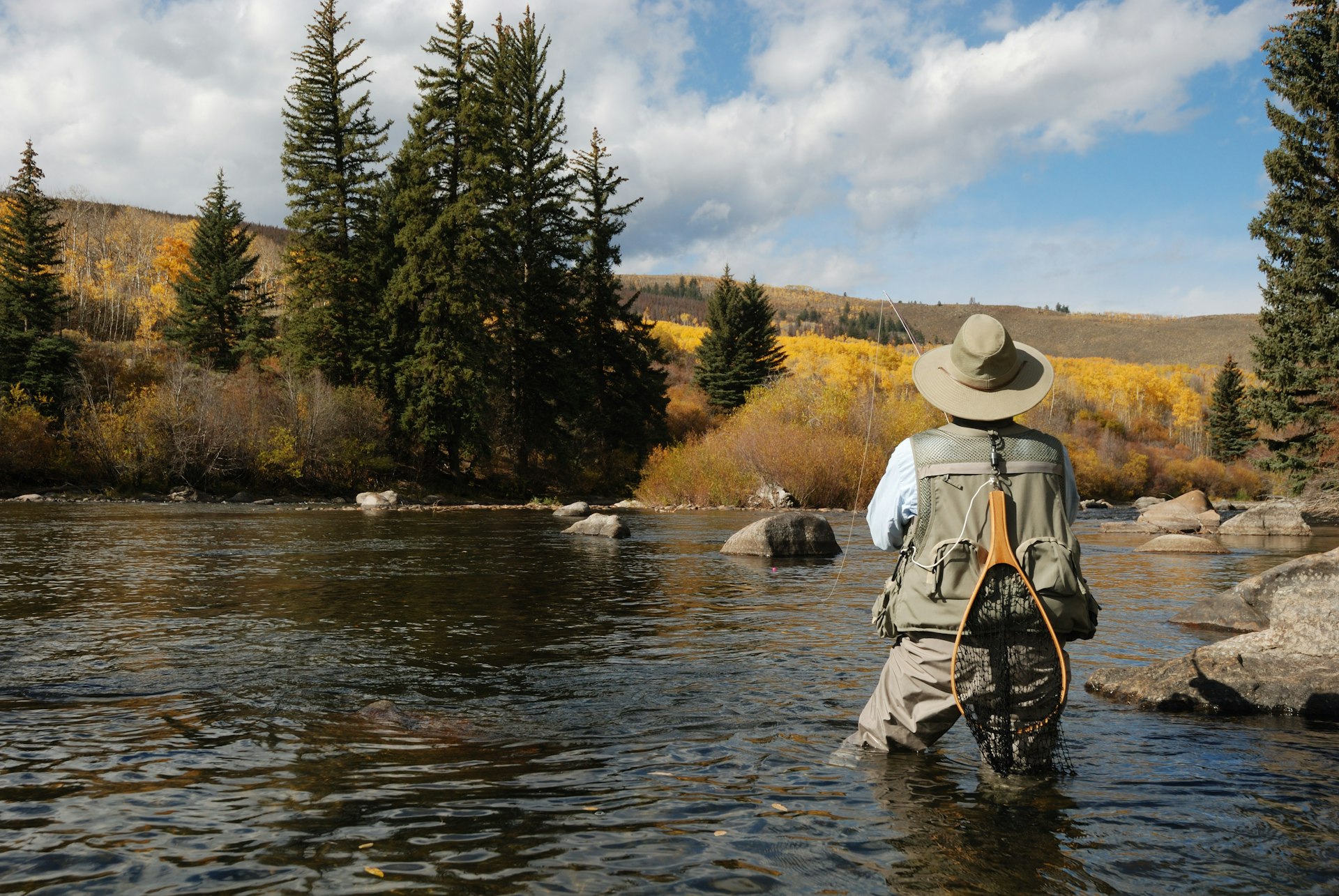 A woman in a vest and hat, seen from behind, fly fishing in a river