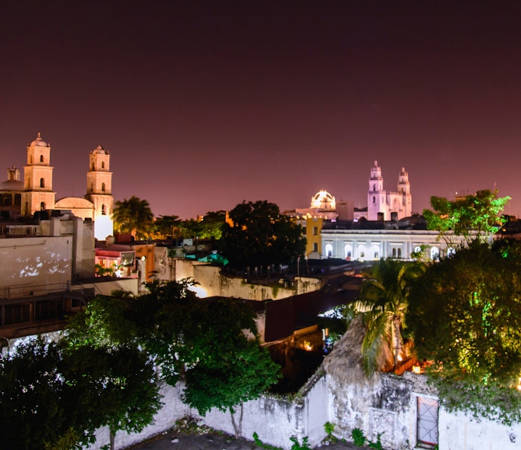 Night scene of Mérida Yucatan, Mexico. High point of view