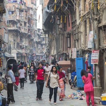 People crowd the street in the Asan Tole market region of Kathmandu.