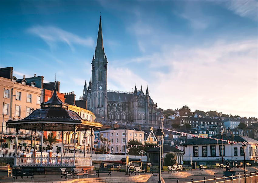St Colman's Cathedral, as seen from the promenade in the town of Cobh.
