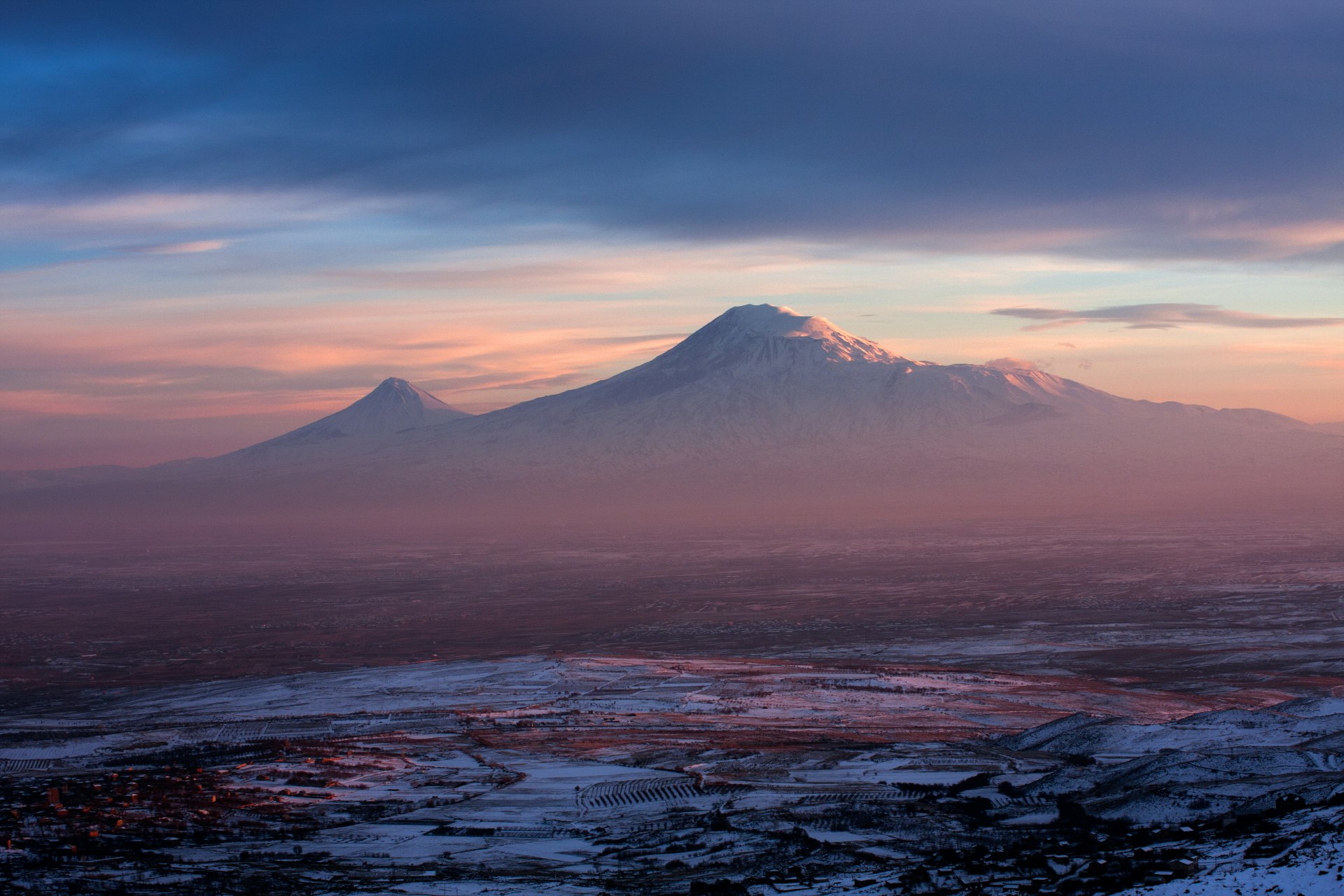 Mount Ararat above the Ararat valley at sunset