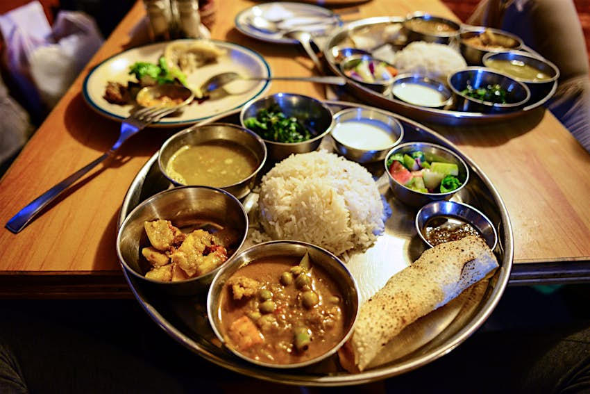 A platter of daal bhaat tarkari in a restaurant in Nepal