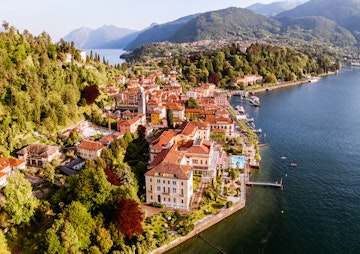 Aerial of Bellagio town on lake Como.
