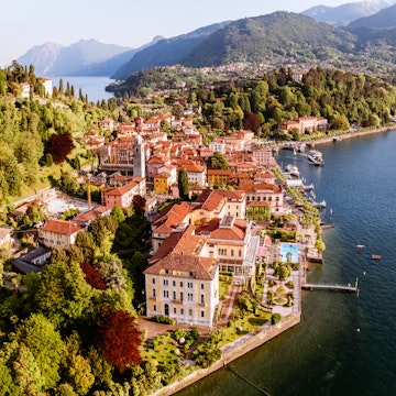 Aerial of Bellagio town on lake Como.