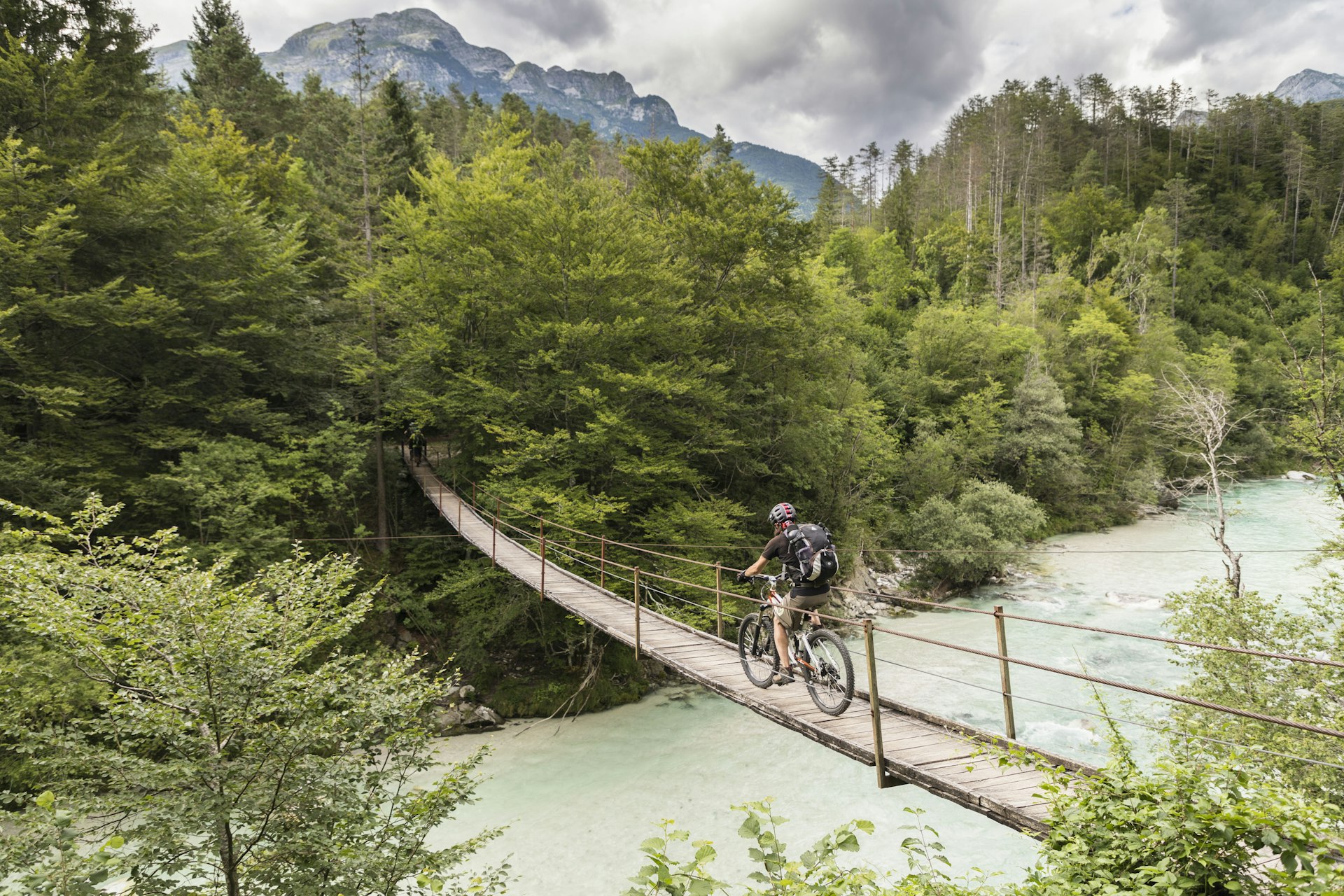 Crossing the Soča River in the Julian Alps, Slovenia