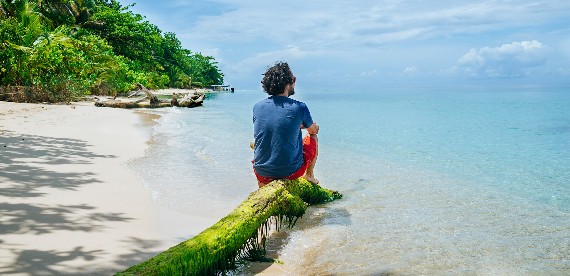 Man sitting on a tree trunk at the beach on Cayo Zapatilla.