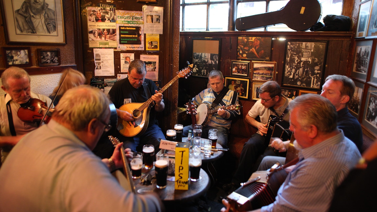 Musician's playing in O'Donoghue's Bar, Dublin, Ireland. O'Donoghue's is known for it's traditional Irish music. It has been frequented of the years by many musicians from the Dubliner's to Bruce Springsteen. O'Donoghue's is recognized as one of Dublin's most famous pubs and is frequented by locals and tourist alike to play a tune or enjoy a pint of Guinness. Dublin, Ireland. Photo Tim Clayton (Photo by Tim Clayton/Corbis via Getty Images)