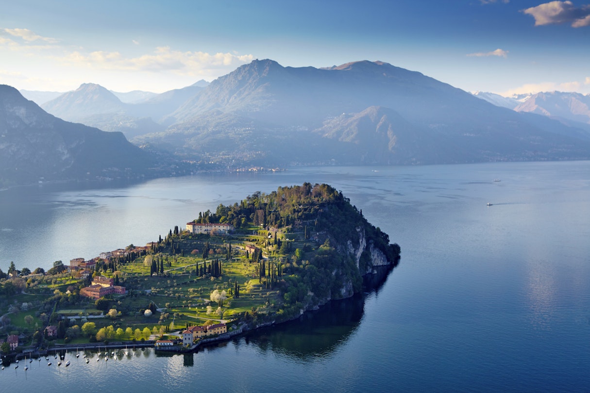The terraced gardens of Grand Hotel Villa Serbelloni above Bellagio, seen on a seaplane flight over Lake Como