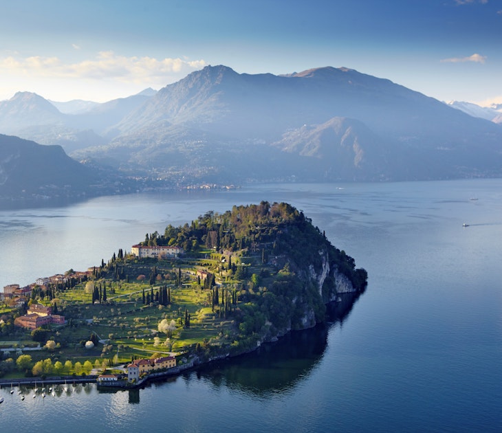 The terraced gardens of Grand Hotel Villa Serbelloni above Bellagio, seen on a seaplane flight over Lake Como