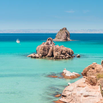 Paddle boarding (SUP) off the island of Espiritu Santo, a Unesco Biosphere Reserve in the Gulf of California, Mexico.