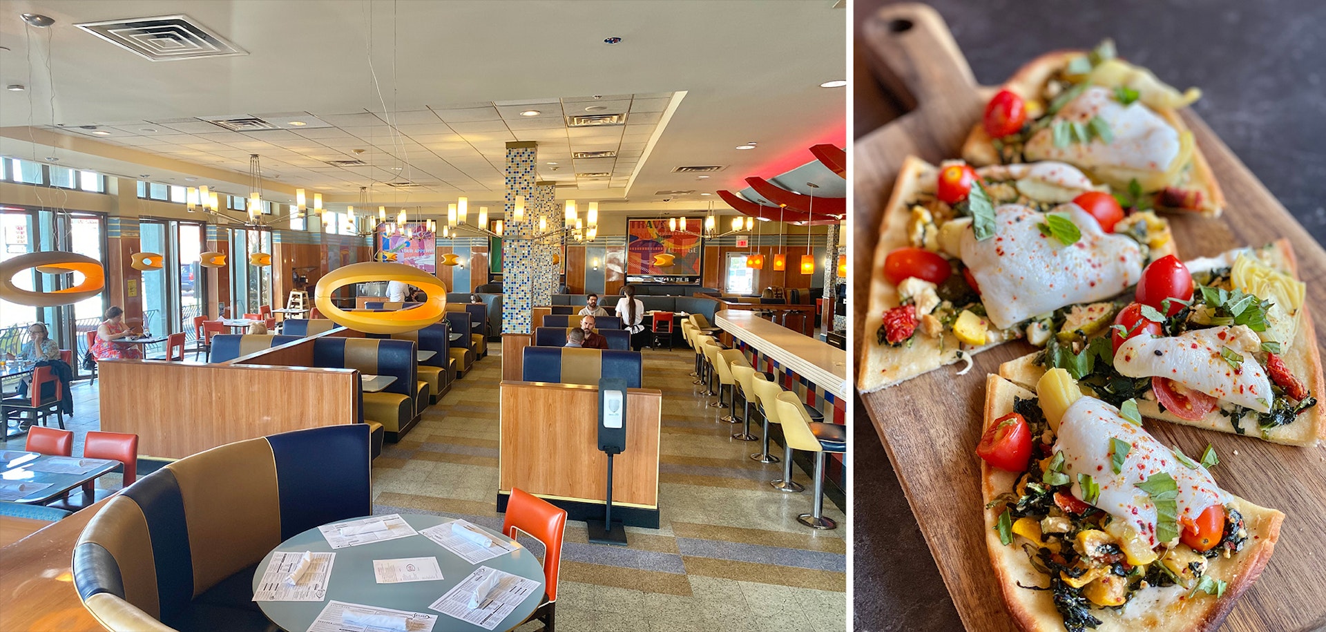 Left: the interior of a diner with booths and bold colors. Right: an appetizer