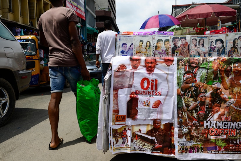 Roadside selling of motion picture by the Nigerian film industry called Nollywood on DVD.