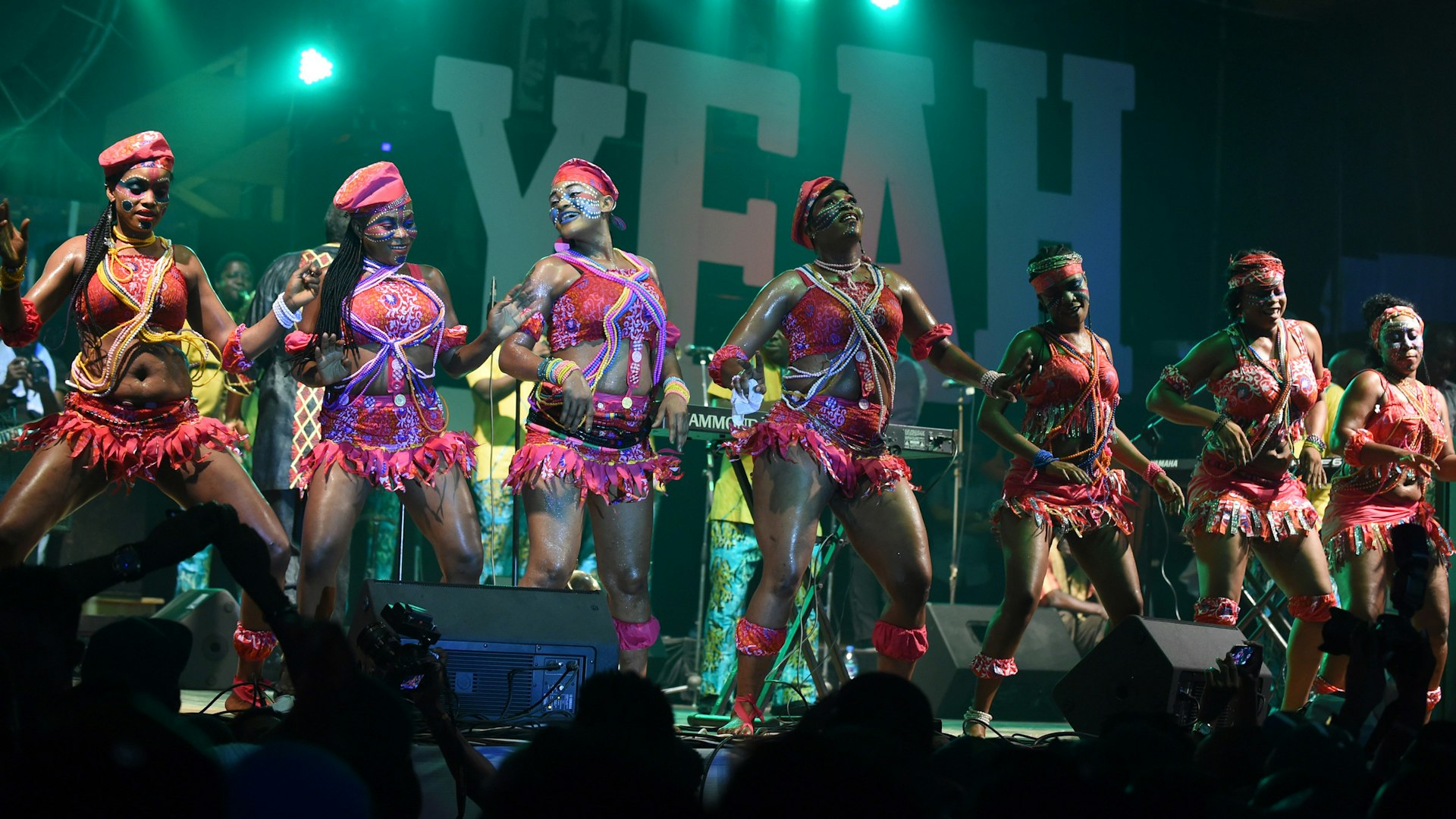 Dancers perform on the stage of the Felabration music festival in Lagos, on October 16, 2016. 