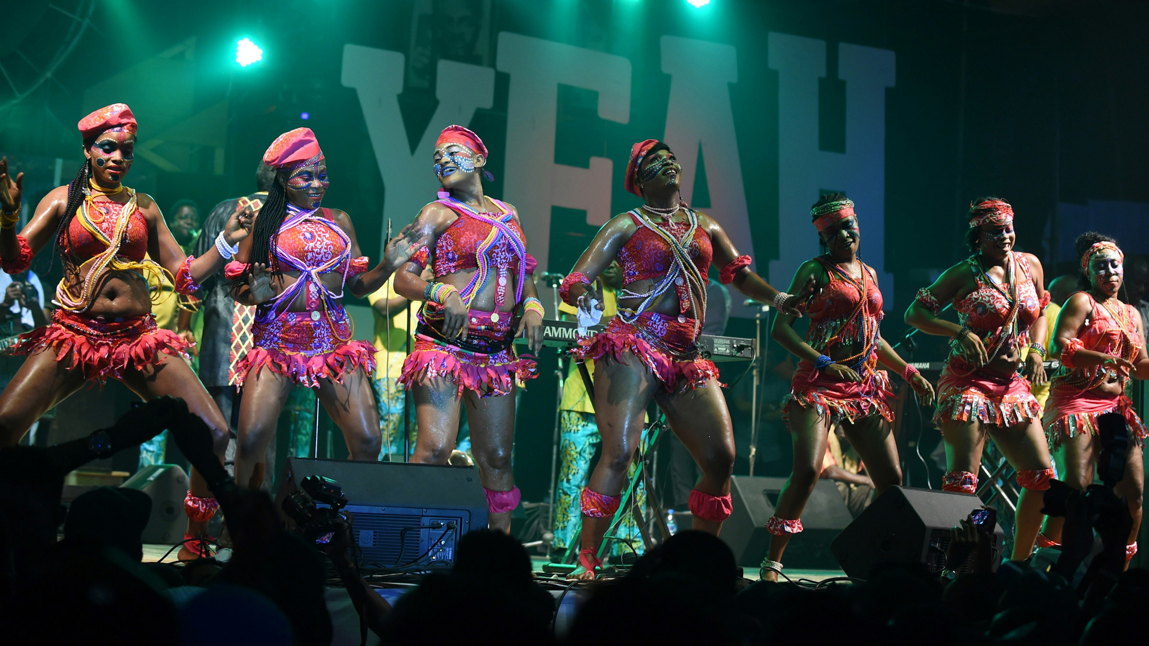 Dancers perform on the stage of the Felabration music festival in Lagos, on October 16, 2016.