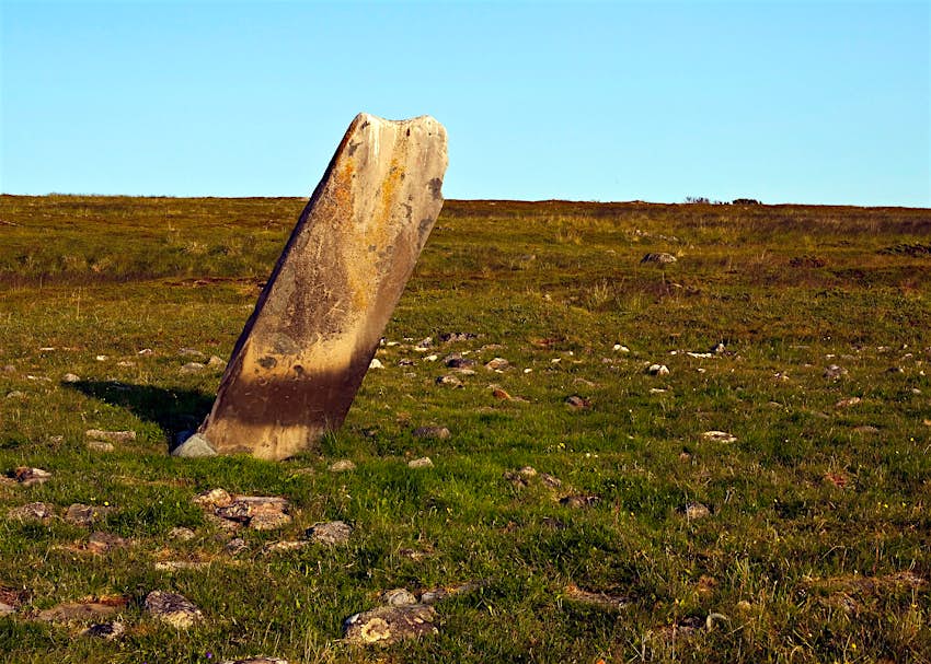 The sacrificial stone in the Varangefjord, Norway, Norway, Mortensnes, Varangerfjord, Transstein, sacrificial stone, ritual stone, stele, tundra, history,