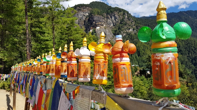 Paro, Bhutan, prayer wheels on the Taktsang trail, tiger's nest