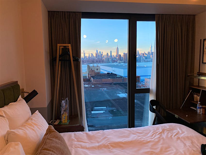 the Manhattan skyline view from a room at The Hoxton