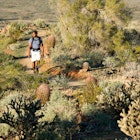 Young man hiking outdoors on a trail at Phoenix Sonoran Preserve in Phoenix, Arizona.